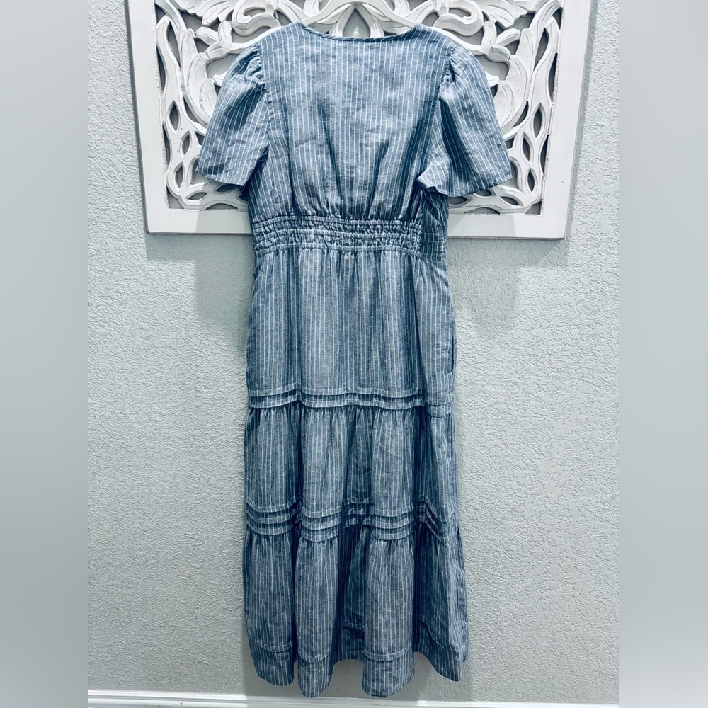 Quince European Linen Chambray Blue Striped Tiered Maxi Dress - Picture 9 of 12